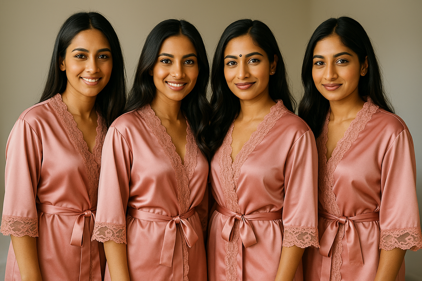 Four women wearing pink satin robes with lace trim against a neutral background