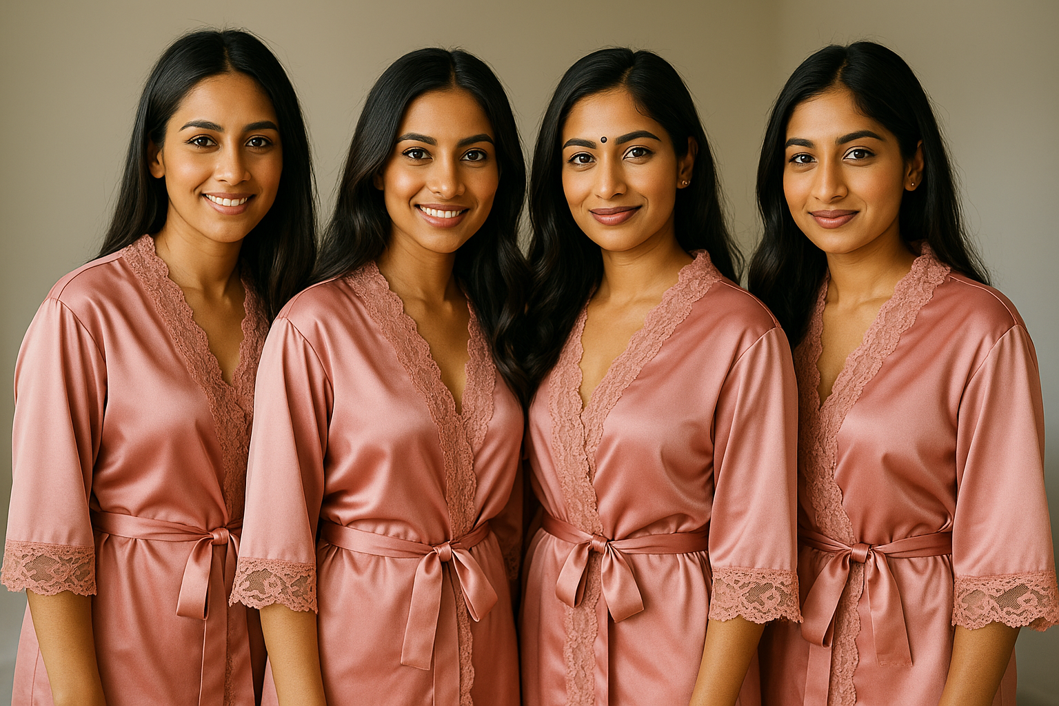 Four women wearing pink satin robes with lace trim against a neutral background